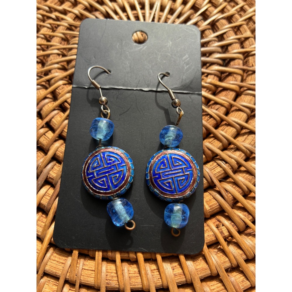 Vintage Blue Cloisonne Shou Symbol Enamel Drop Earrings Glass Bead Dangle Boho